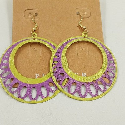 Plunder Sally Lime Green Purple Round Filigree Spring Dangle Drop Earrings 2"