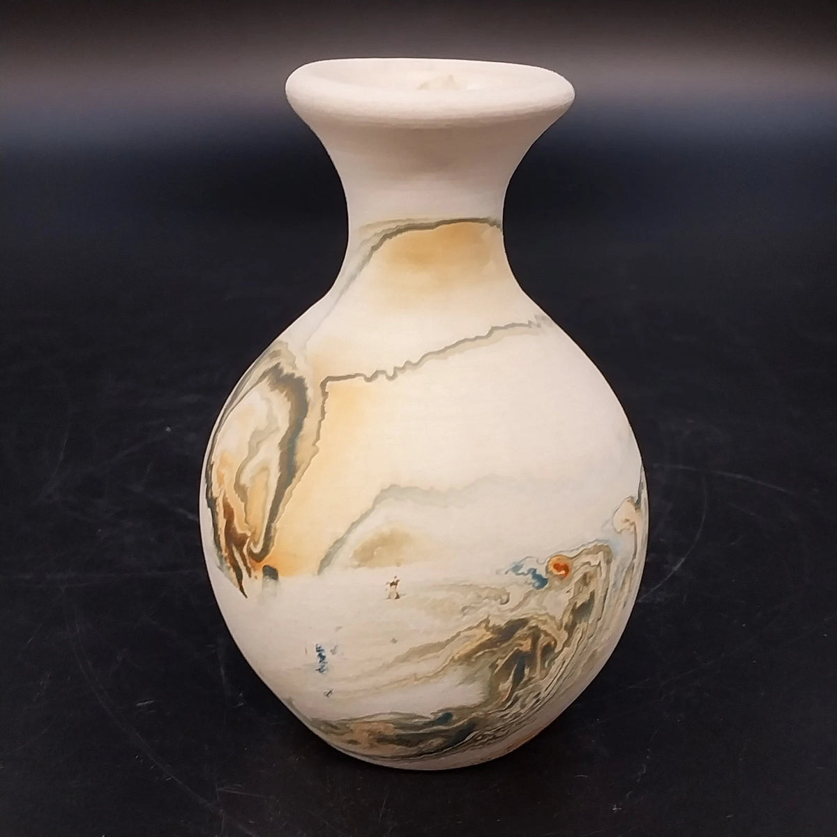 Nemadji Indian Pottery Bud Vase Orange Brown Green Marbled Clay Swirl 4" Vintage