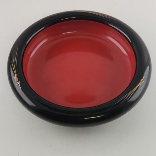 Japanese 9" Lacquerware Wood Bowl Black Outer Red Inner Thick Rim Gold Trim Vtg