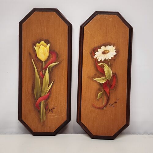 2 Wooden Plaques Hand Painted Daisy Tulip Signed 1980 Vintage Wall Folk Art 10.5