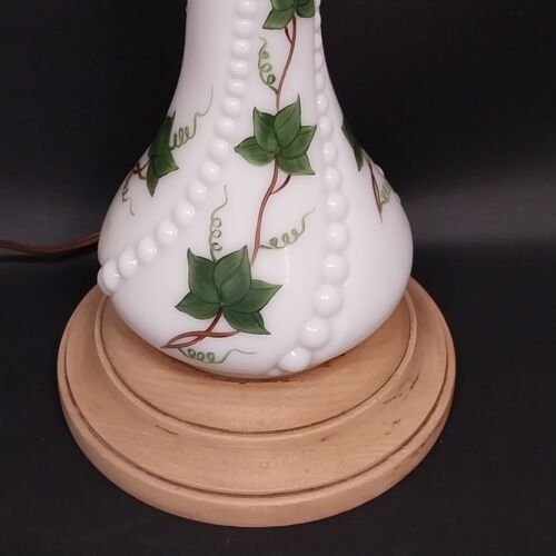 Milk Glass Table Lamp Hand-Painted Green Ivy 3-way Switch Wood Base 21" No Shade