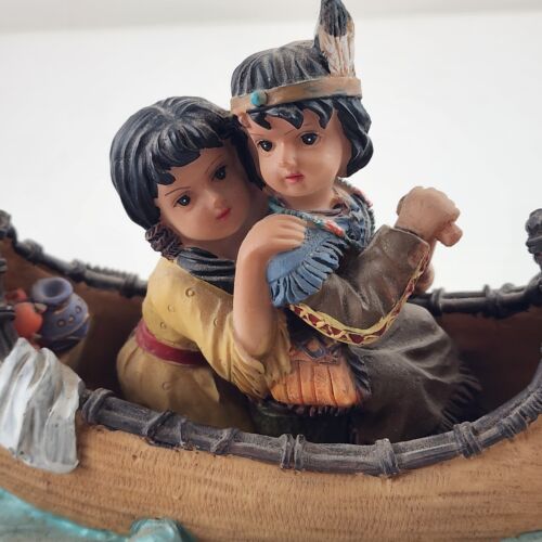 Native American Indian Kids In Canoe on the Water with Paddle Figurine Set 6.75"