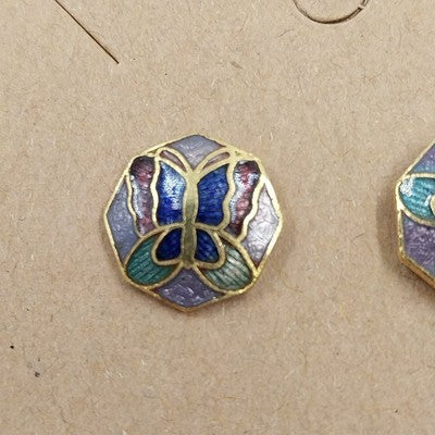 Set of 2 Gold Tone Cloisonné Stud Earrings Blue Floral & Butterfly