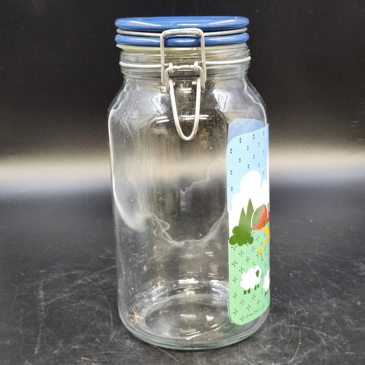 Anchor Hocking Nina Farm Scene Sheep Glass Canister Blue Lid 1982 Vintage