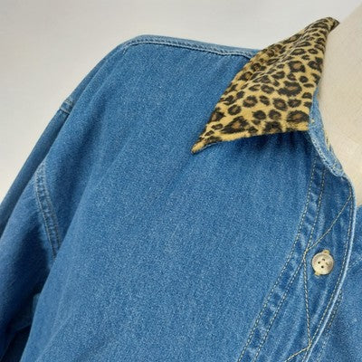 Solutions Blue Denim Shirt L Leopard Print Collar Cuffs Button Up 100% Cotton