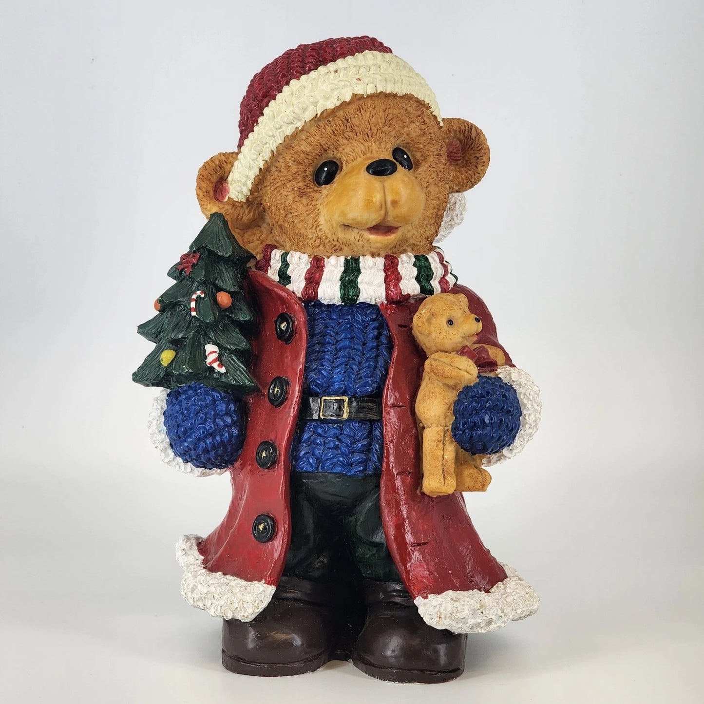 Resin Christmas Teddy Bear Figurine Red Coat Puppy & Tree 11" Holiday Ornament