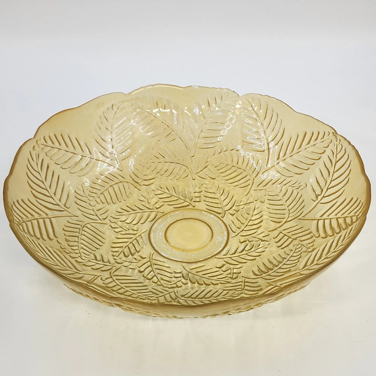 Amber Glass Serving Bowl Embossed Fern Leaf Pattern Scalloped Rim 13" Vintage
