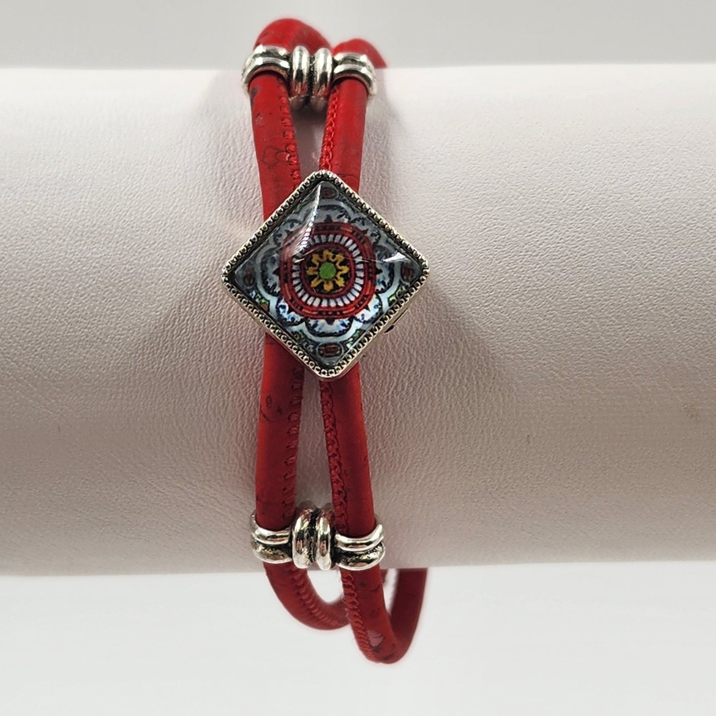 Red Cord Bracelet w/ Silver Tone Mosaic Slide Charm Boho Jewelry Magnetic Clasp