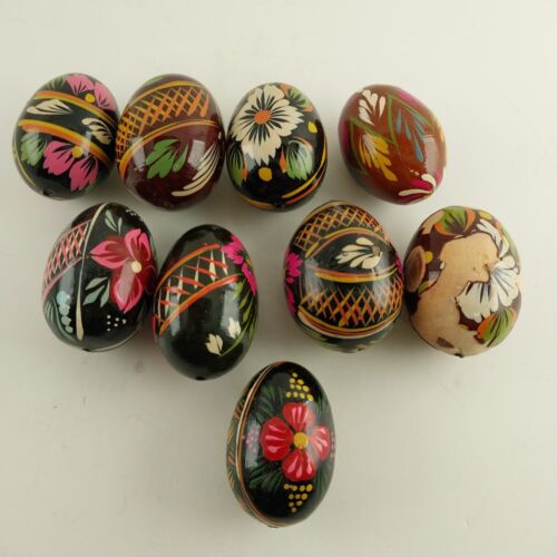 9 Brightly Decorated Easter Eggs Wood Ukrainian or Russian Plastic Covered