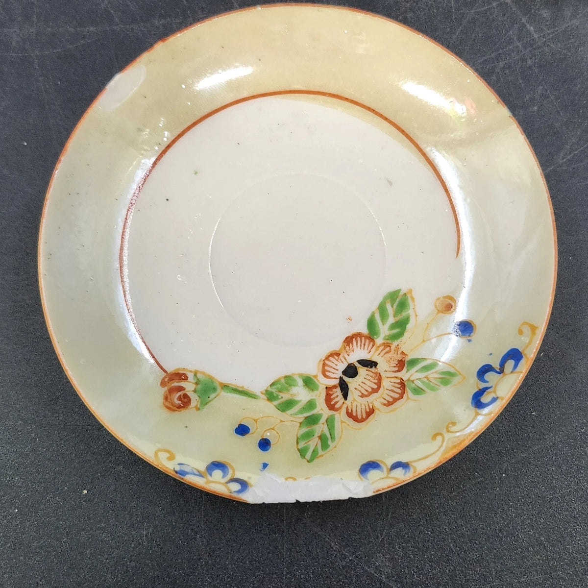 Japan Porcelain Demitasse Saucers Hand Painted Floral Orange Trim 3.25" 3pc Vtg