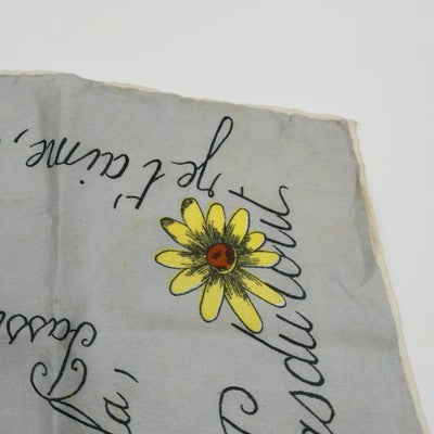 French Daisy Print Silk Scarf 17" Square Grey Yellow Brown Floral Design Vintage