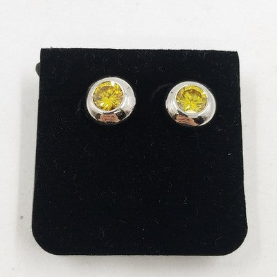 Silver Tone Yellow Sapphire Round .5" Faceted Stone Stud Earring Jewelry