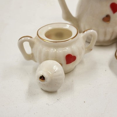 10pcs Miniature Tea Set White Red Heart Chintz Decal Gold Trim 4.5"x3" Taiwan