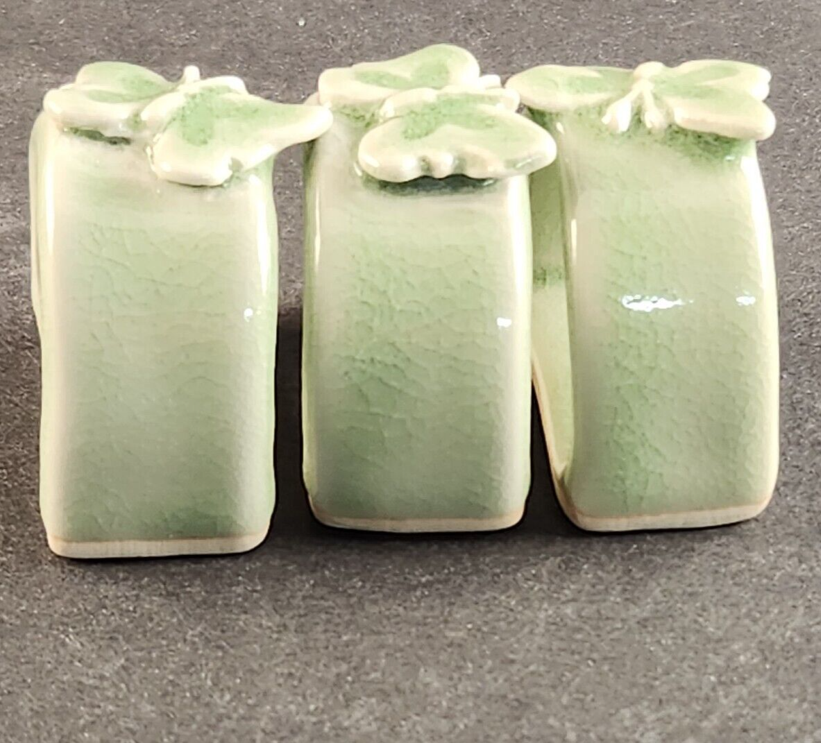 3 Thai Celadon Ceramic Green Butterfly Pattern Vintage Oval Napkin Rings