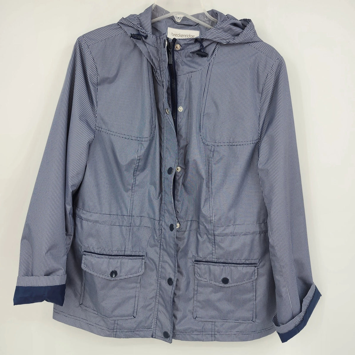 Breckenridge Women's Large Raincoat Blue White Check Hooded Full Zip Snap Jacket