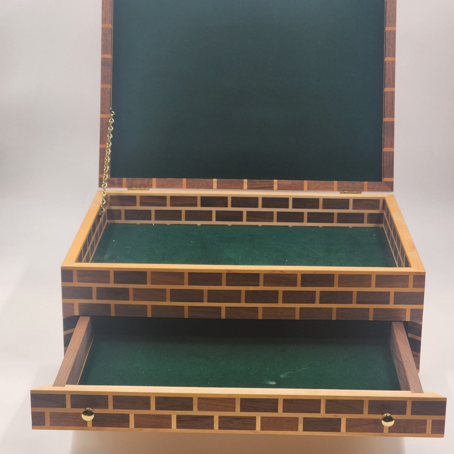 Thuya Moroccan Wood Large Jewelry Box – Handmade 17” Brick Design with Starburst Inlay Lid – Green Felt Lined – Artisan Keepsake Storage Chest