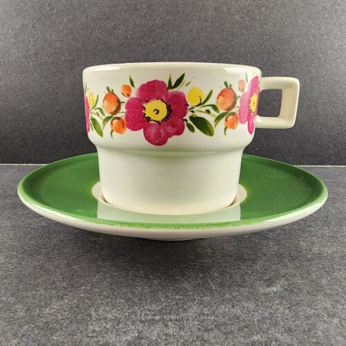 Pagnossin Treviso Italy Strong Earthenware Tea Cup & Saucer Floral Green Border