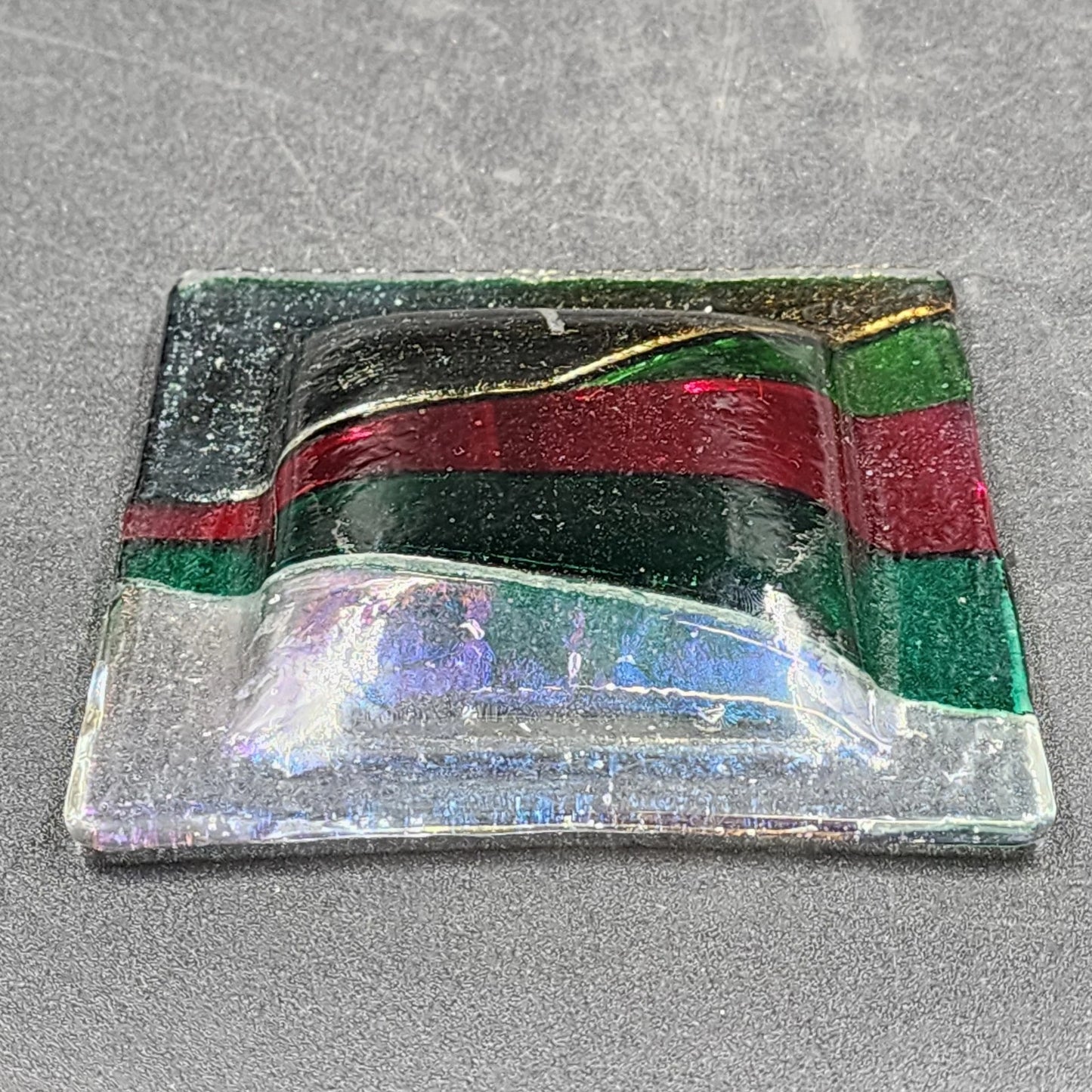 Gaya Studio Art Glass Square Dish Plate Red Green Clear Fused Modern Mid Century