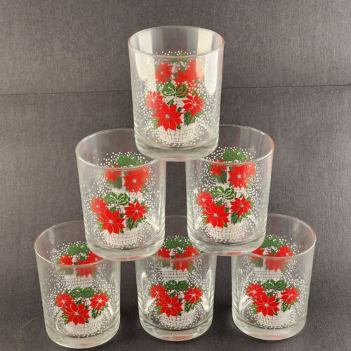 6 Luminarc Poinsettia Basket Christmas Rocks Glasses Lowball 12 oz Heavy Base