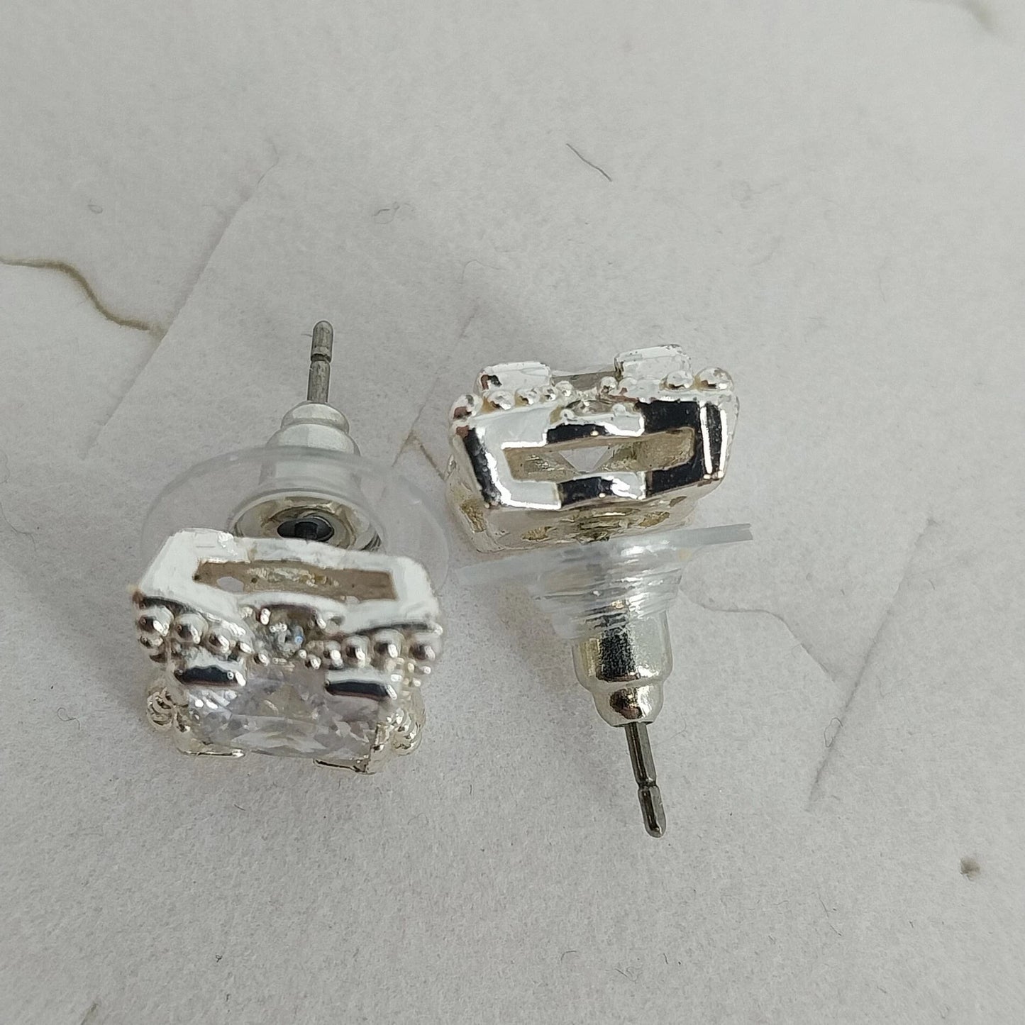 Square Clear Crystal Halo Stud Earrings Silver Tone Princess Cut Unbranded