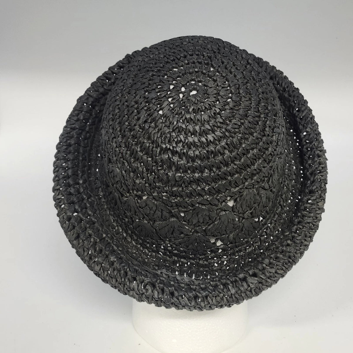 Women's Black Crochet Straw Cloche Hat Rolled Brim Cut Out Open Weave One Size