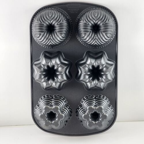 Nordic Ware 6 Mini Bundt Muffin Cake Pan 3 Mold Patterns Black Non-Stick 14”x9”