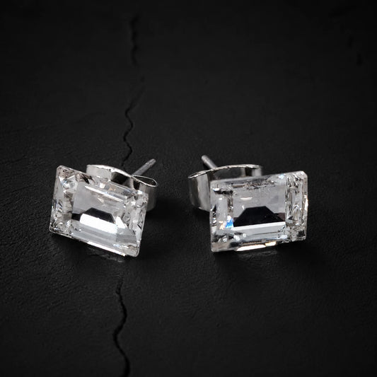 Clear Emerald Cut Crystal Stud Classic Earrings Silver Tone Butterfly Backs