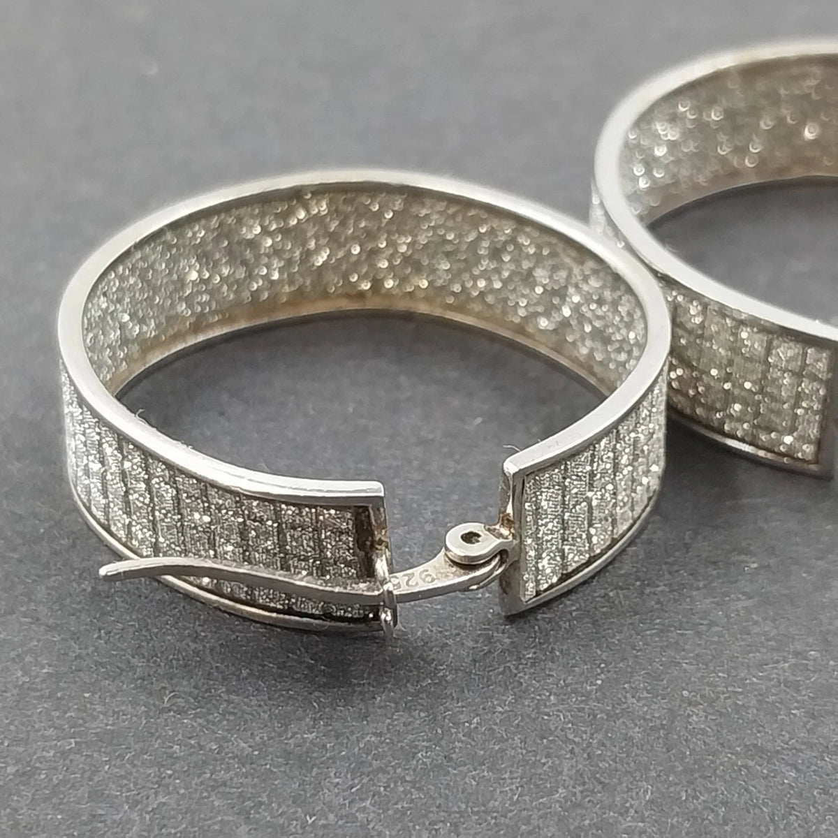 Silver Tone Pave Hoop Earrings Wide Multi Row White Rhinestone Leverback Pair