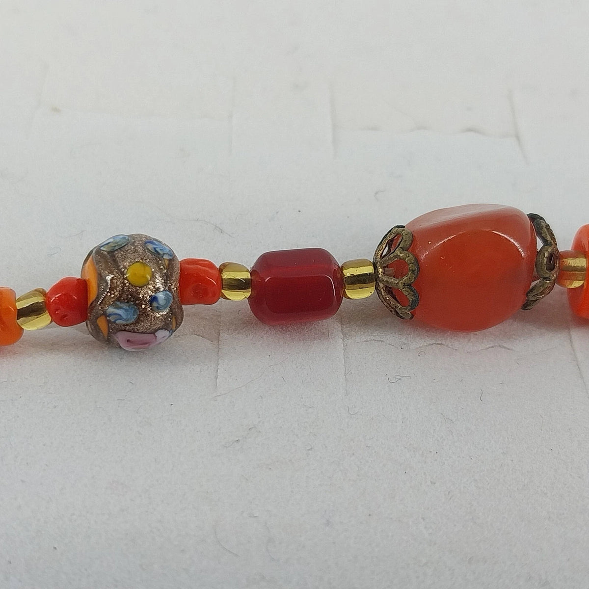Orange Glass Bead Millefiori Crystal Accent Bracelet 8" Handmade Unbranded