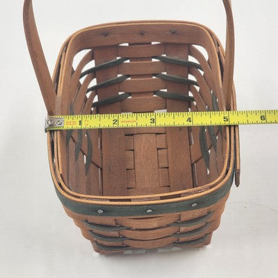 Longaberger Handwoven Basket Green Stripes Vintage 1993 Wood Handle 7"x5"