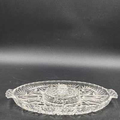 Brilliant Cut Glass Oval Divided Veggie Tray Stars Lines Scallop Edge Center Lid