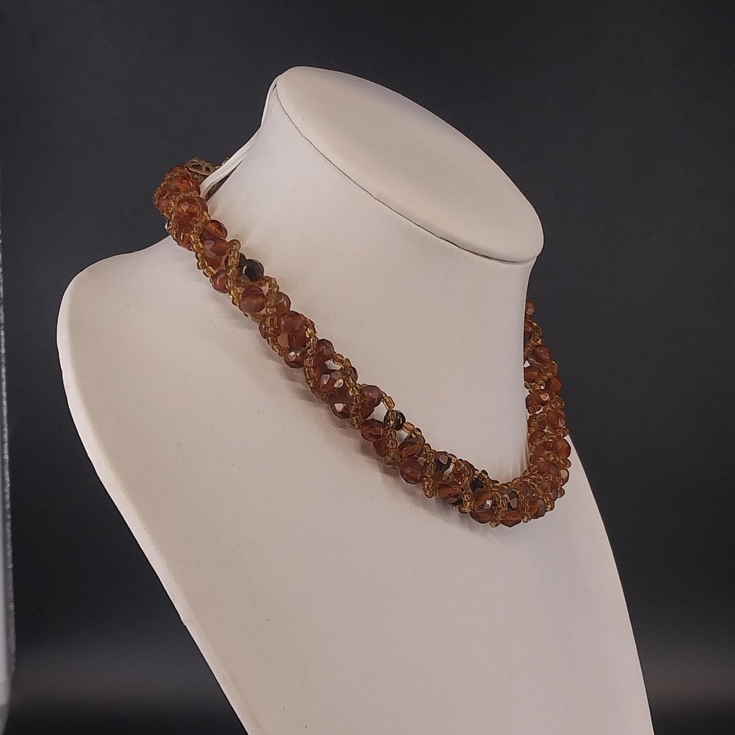 Amber Brown Faceted Bead Sequin Necklace Twisted Multi Strand Statement Vintage