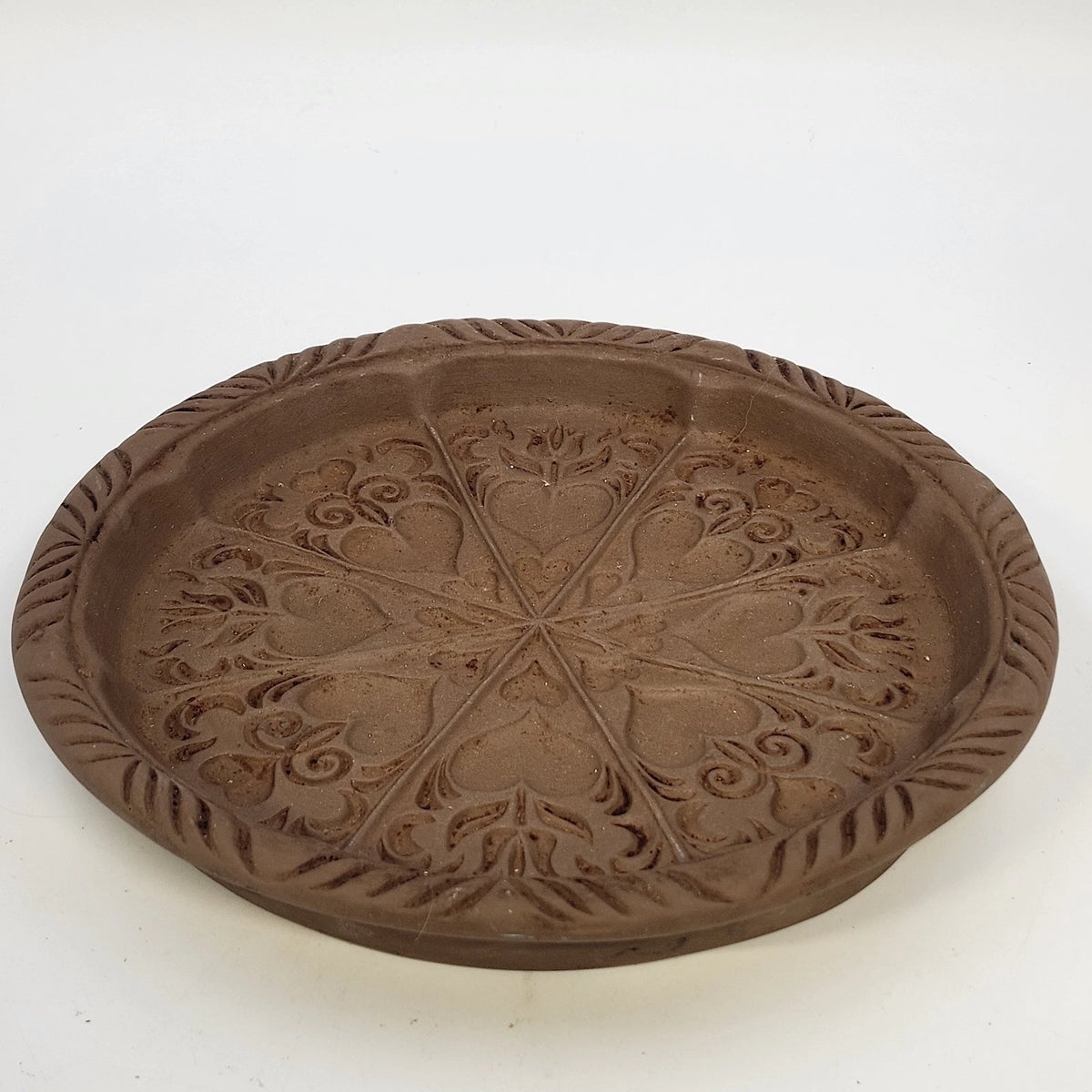 Hartstone Shortbread Cookie Mold Hearts Tulips Brown Round Stoneware 10" USA