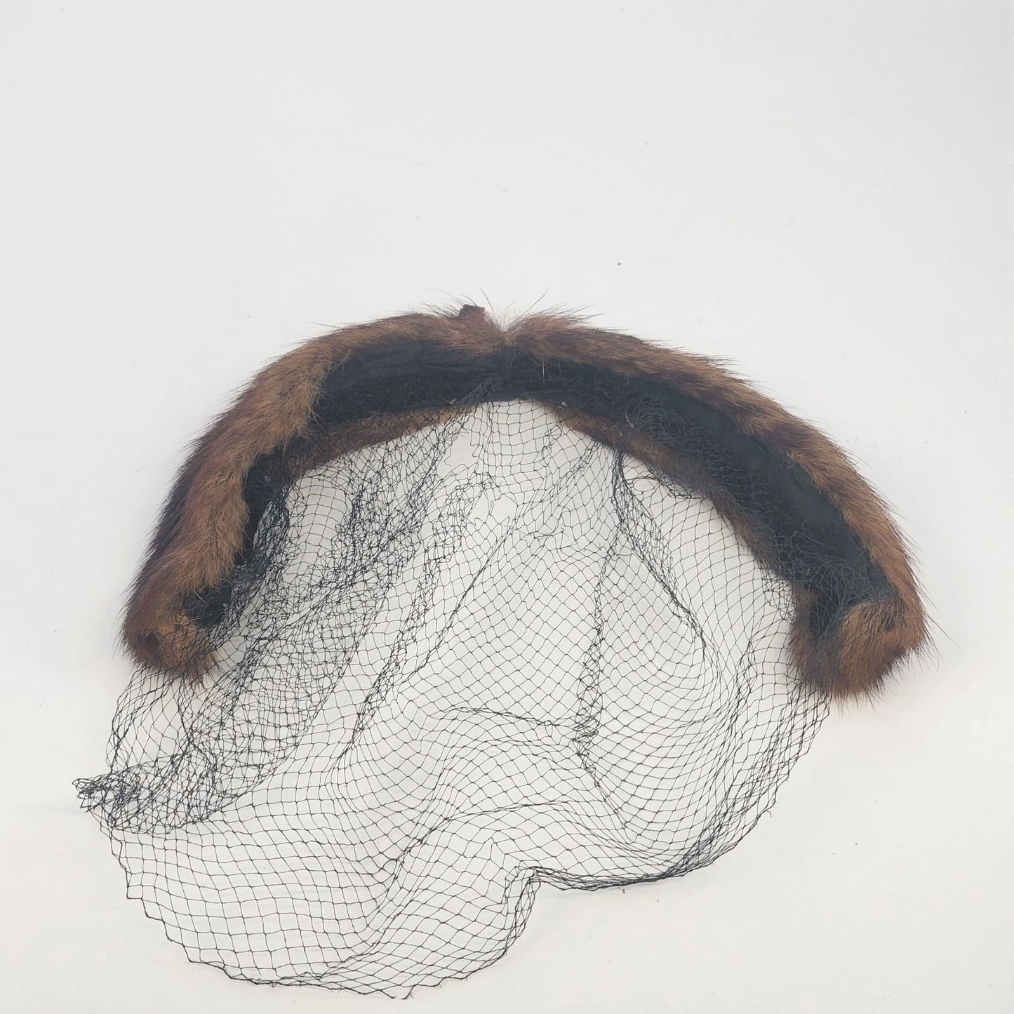 Mink Fur Pillbox Fascinator Net Veil Brown MCM Head Band Head Piece Vintage