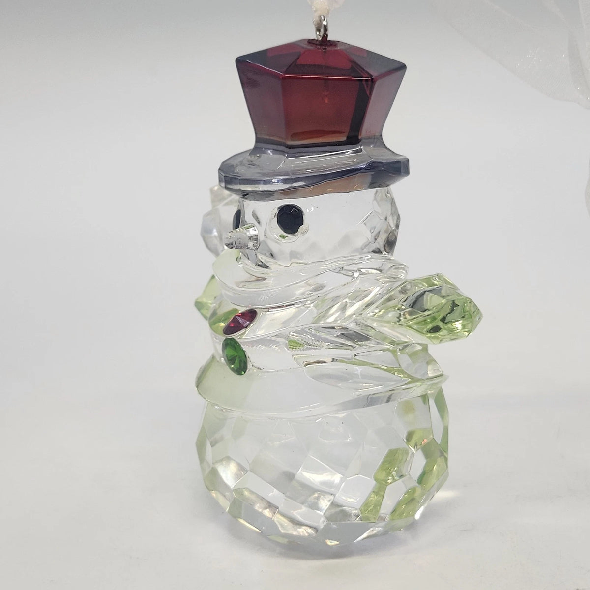 Snowman Christmas Ornament 4" Acrylic Clear Faceted w Red Top Hat & Rhinestones