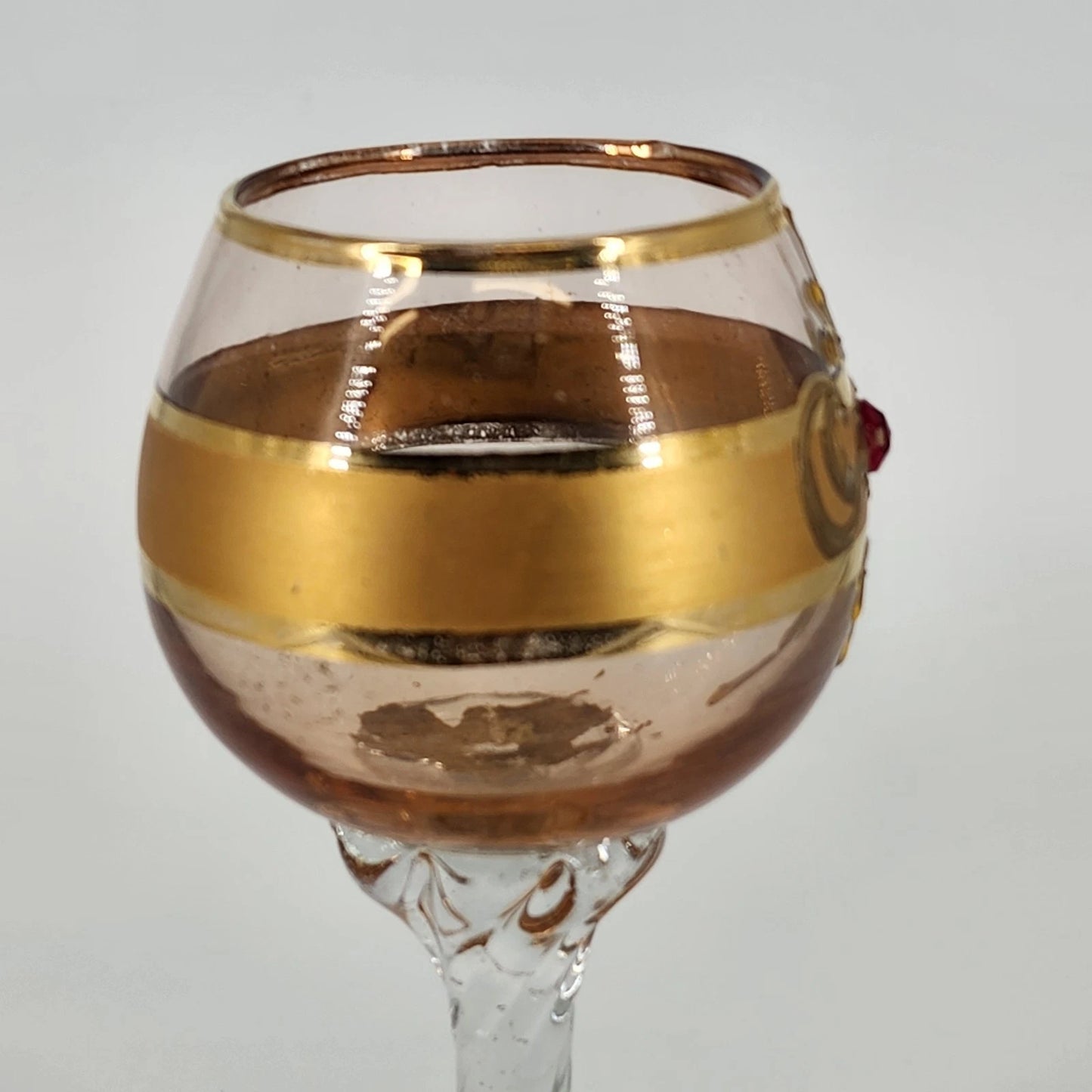 Tre Fuochi Glass Wine Goblet Murano Style Hand Blown Gold Enamel Ruby Red Jewel