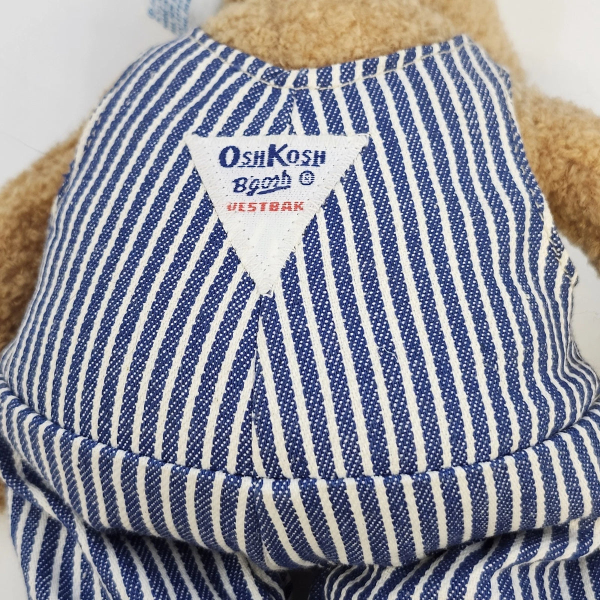OshKosh B'gosh Teddy Bear Stuffed Plush Hickory Stripe Overalls 12" Vintage 1987