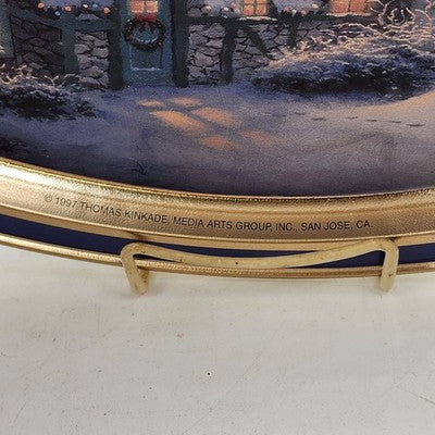 Thomas Kinkade Christmas Winter Cozy Cottage Scene Oval Tin Tray 14.5x11.5" 1997