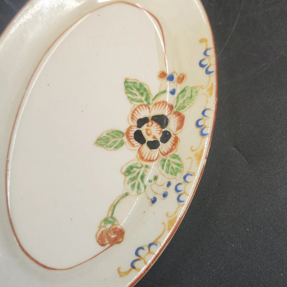 Porcelain Oval Serving Dish Plate 6" Hand Painted Floral Orange Trim Japan