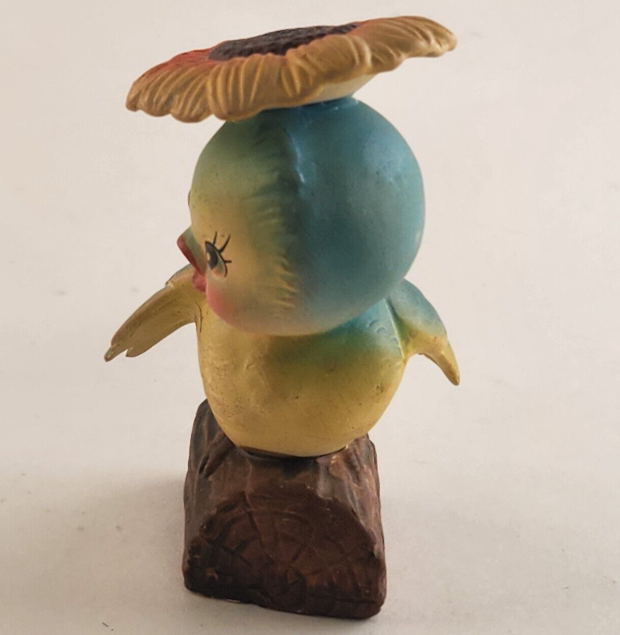 Inarco Bird on Log Figurine Japan Blue Yellow Porcelain Flower Hat 4¼" # E-1677