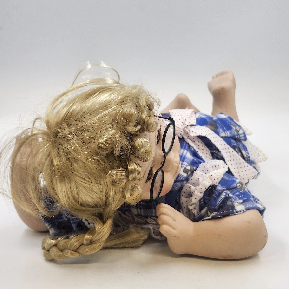 Porcelain Girl Doll Blonde Braids Glasses Blue Plaid Dress 14" Reclining Pose