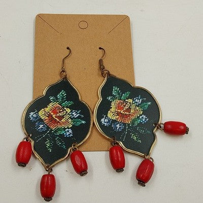 Gold Tone with Floral Tapestry Look on Black w Red Drop Beads Earrings Jewelry