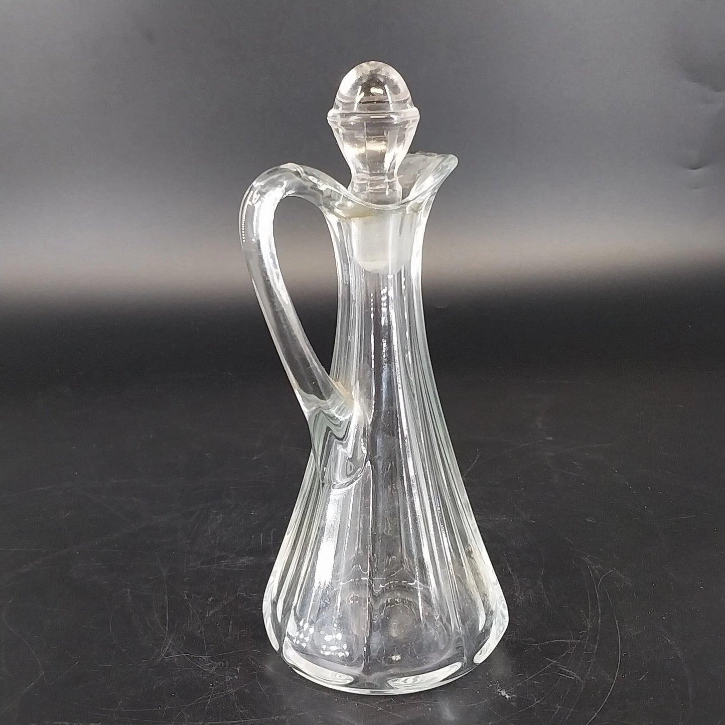 Clear Glass Cruet Bottle Ribbed Panels Stopper Oil Vinegar Decanter 7.25" Vtg