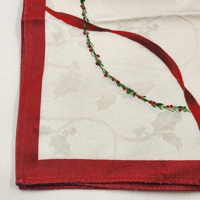Set of 4 White Red Christmas Napkins 17x16" Holly Design Red Border Hemmed