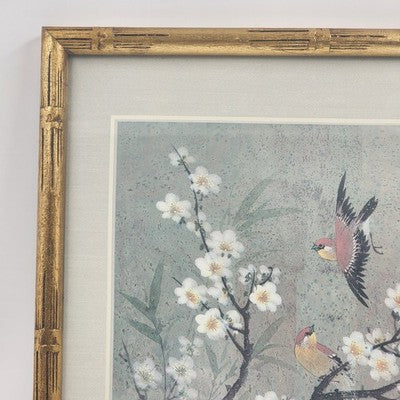 Birds Cherry Blossoms Chinese Silk Print Bamboo Framed Matted 13" x 17"