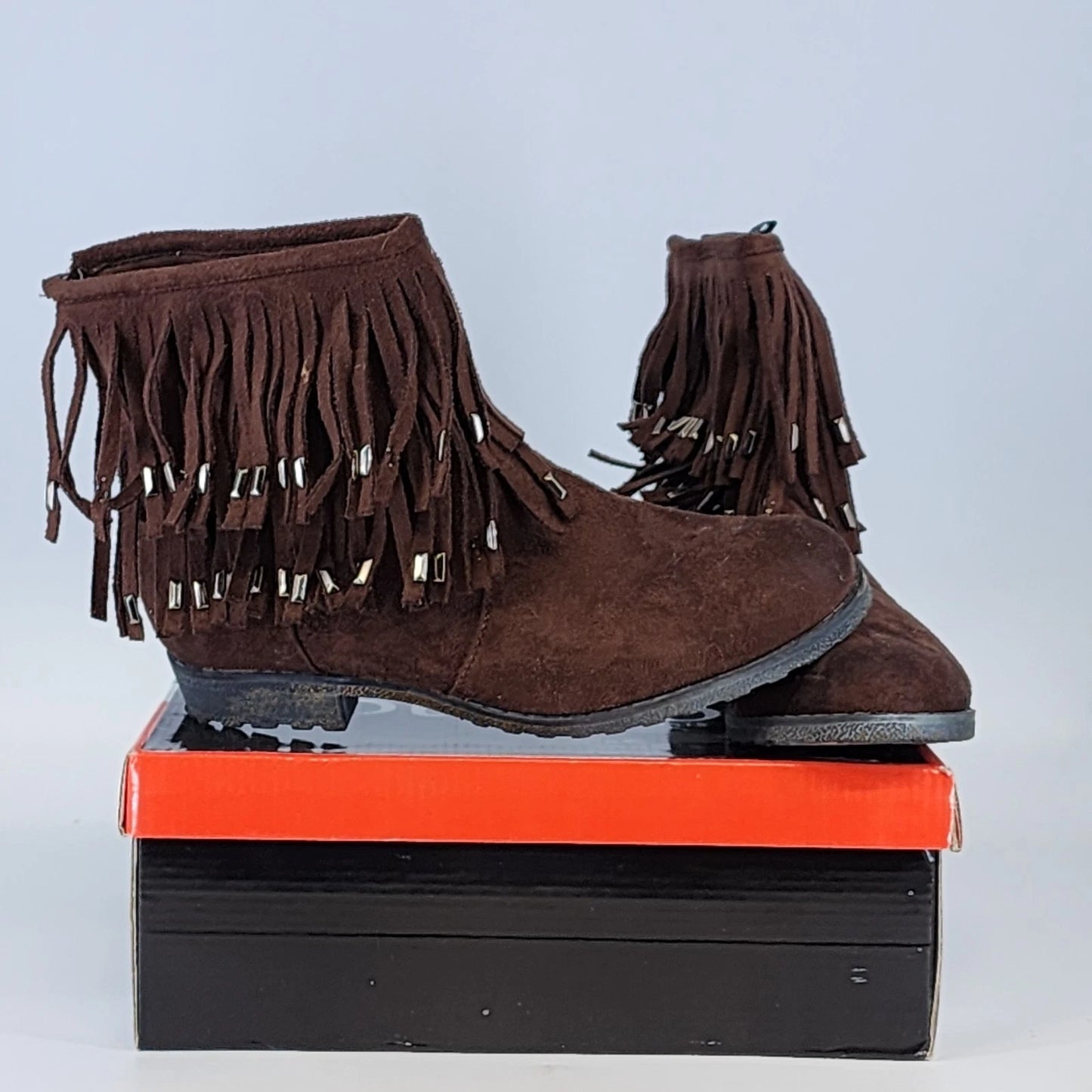 Bucco Capensis Fawn Ankle Boots Brown Faux Suede Studded Fringe Women 8.5