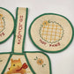 3 Pot Holder Set 1 Sq 2 Round Strap Yellow & Green Embroidery Be Safe Puppy Vtg