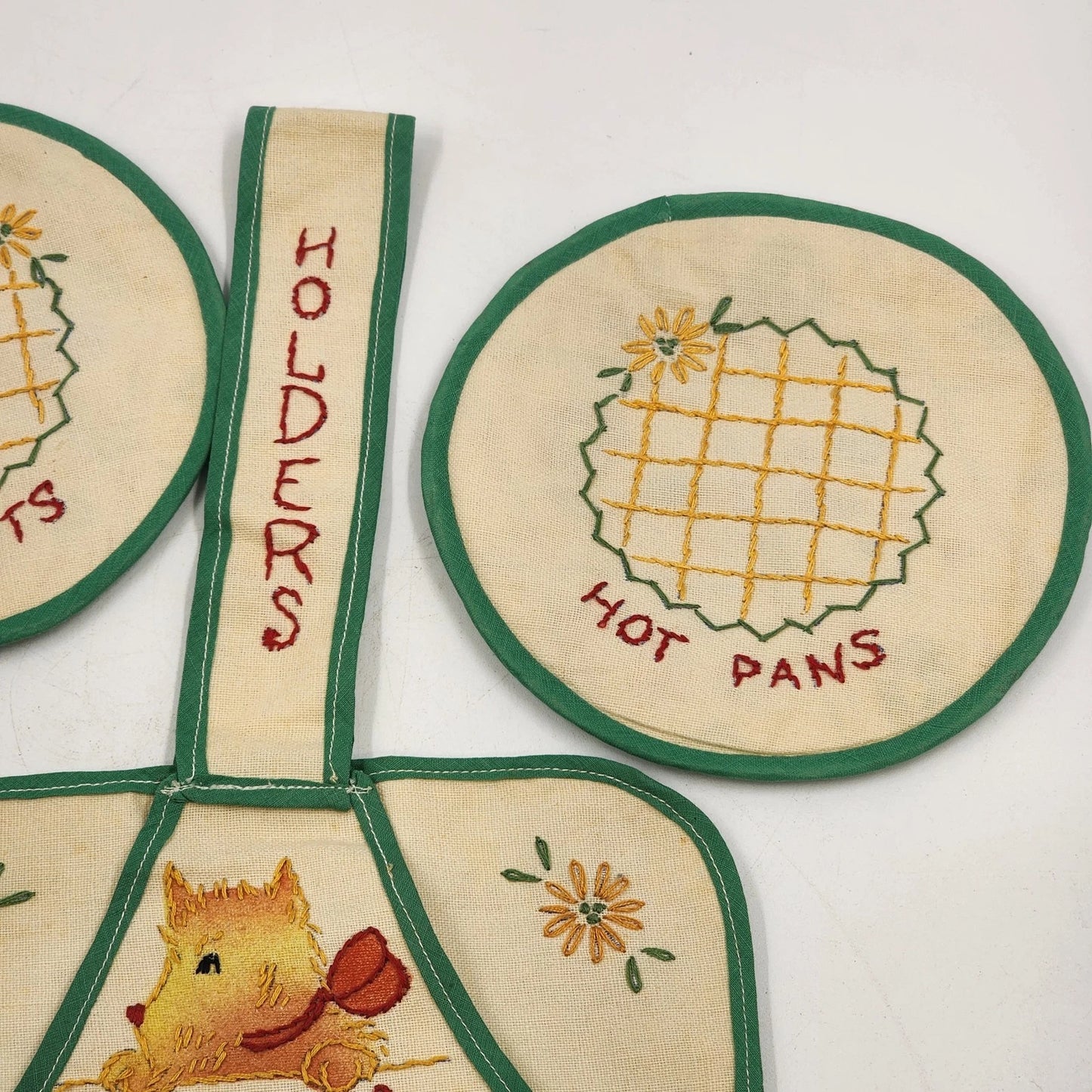 3 Pot Holder Set 1 Sq 2 Round Strap Yellow & Green Embroidery Be Safe Puppy Vtg