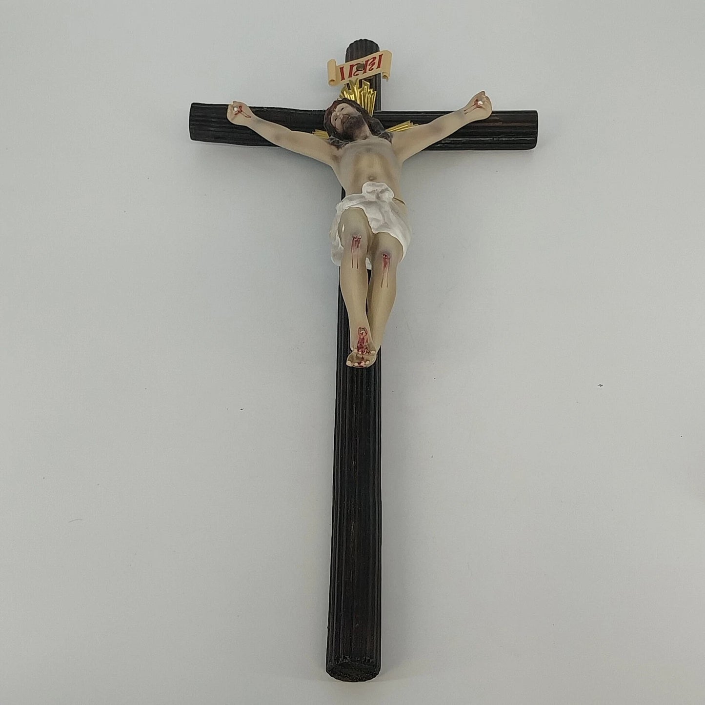 Catholic Wooden Wall Crucifix Resin Jesus Christ INRI 15" Religious Vintage