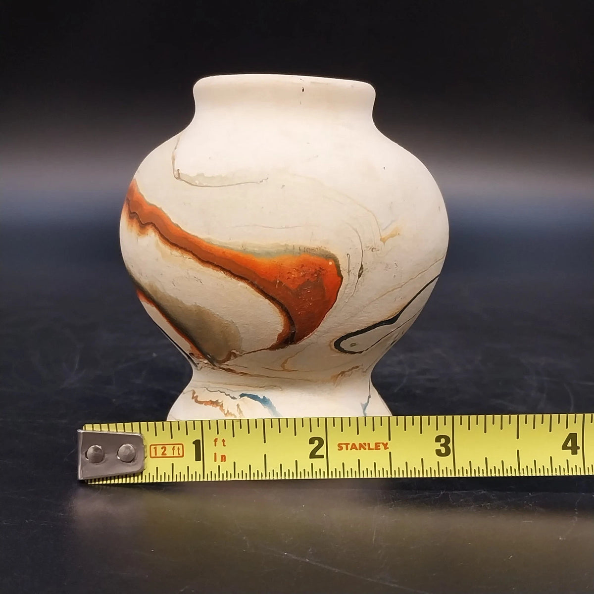 Nemadji Indian Pottery Pedestal Vase Brown Black Marbled Swirl 3.75" Vintage USA